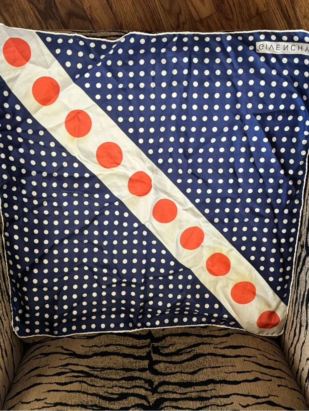 Givenchy Navy and White Polka Dot Silk Accent with Orange Dot Stripe